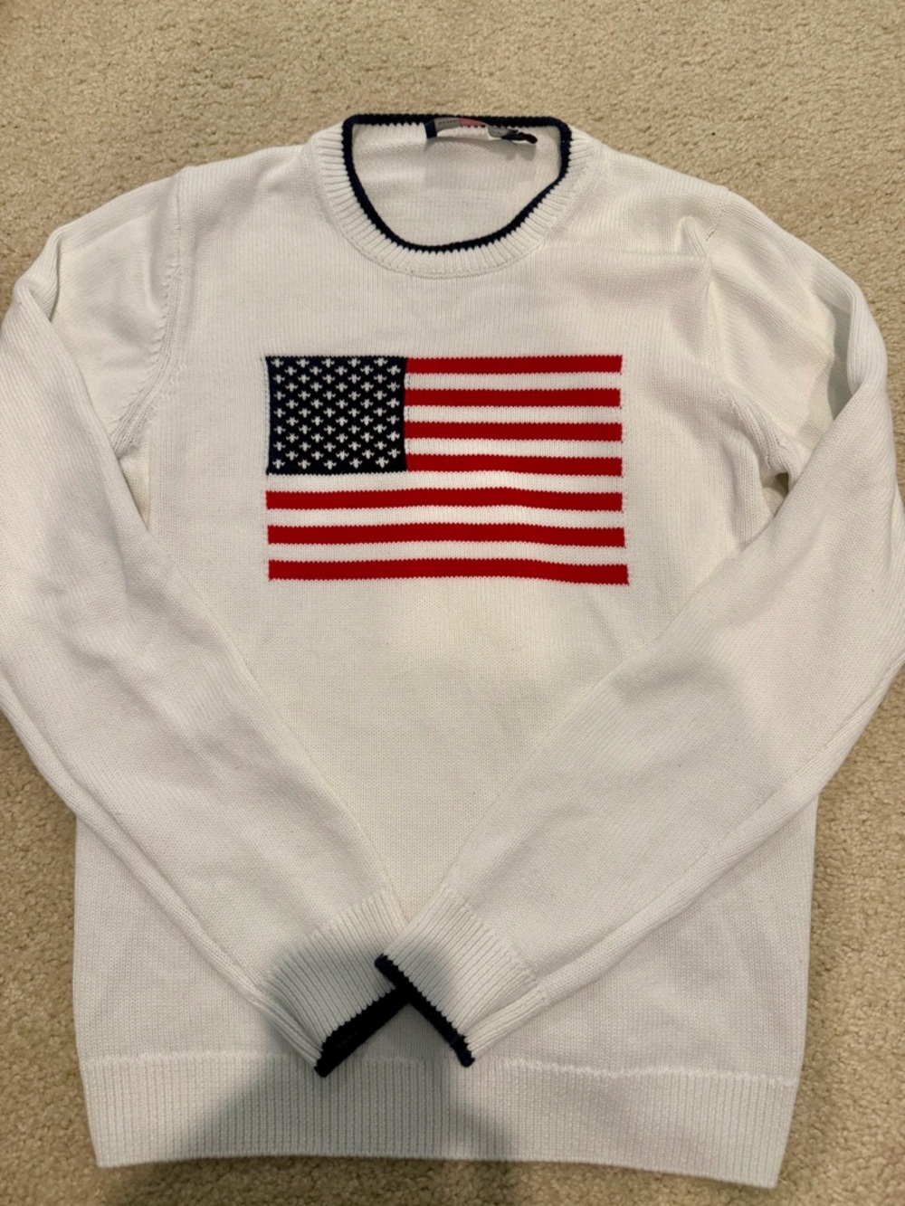 Vineyard Vines White Crewneck Sweater with Red & Navy Flag